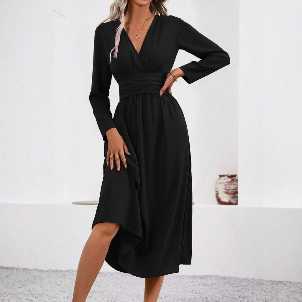 Женское модное однотонное платье с V-образным вырезом, длинными рукавами и плиссировкой