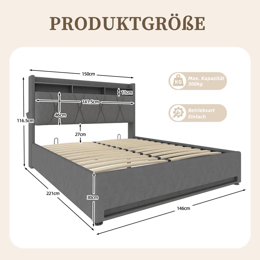 140 x 200cm Upholstered Bed Frame with LED Lighting, USB Type-C Charging and Under-Bed Storage, Hydraulic Storage Bed Frame, Grey, No Mattress