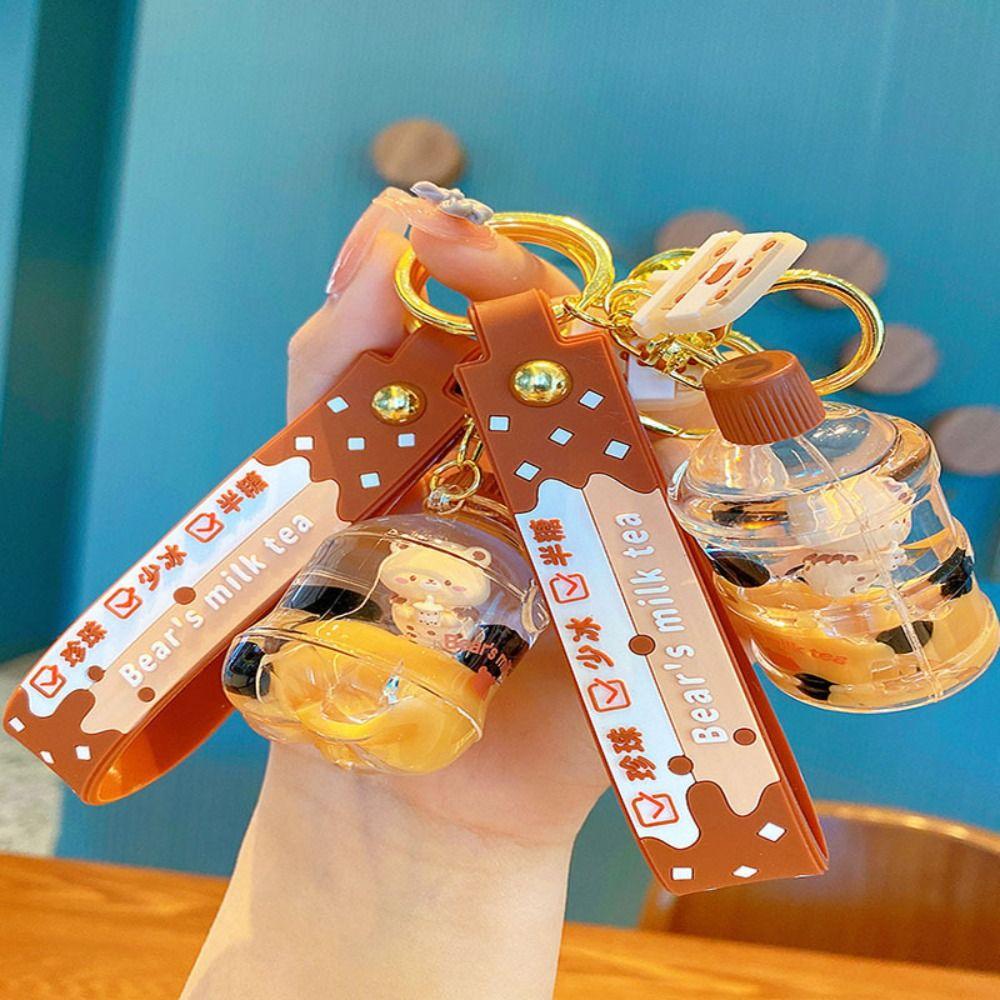 Charms Key Chain Liquid Oil Keyring Milk Tea Bottle Keyring Bag Pendant Milk Tea Cup Bear Keychain