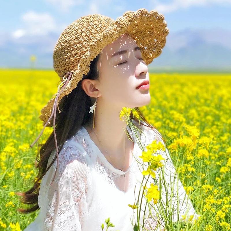 Женская соломенная шляпа с кружевным бантом, летняя шляпа с защитой от солнца, модная складная шляпа