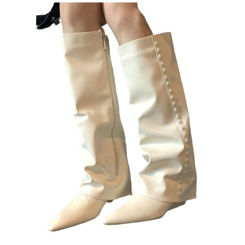 Show Your Legs and Be Thin! White Trouser Boots 2025 New Fat Mm Pointed Wedge Heels High Tube But Knee Boots Women