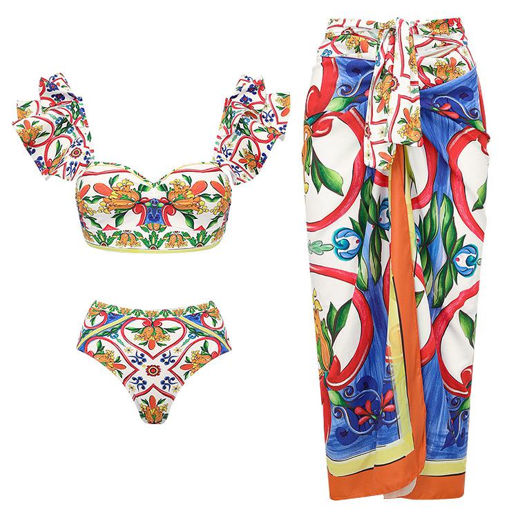 1011 European and American swimwear new women's shoulder ruffle edge enamel printing beach vacation one-piece swimsuit 11111