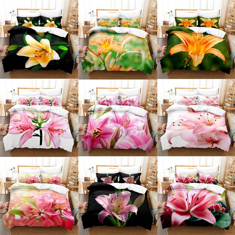 Lily Duvet Cover Set for Single Double Bed Pink Flower Quilt Cover King Size Bedding Set 2PCS 3PCS with Pillowcase Full Twin New