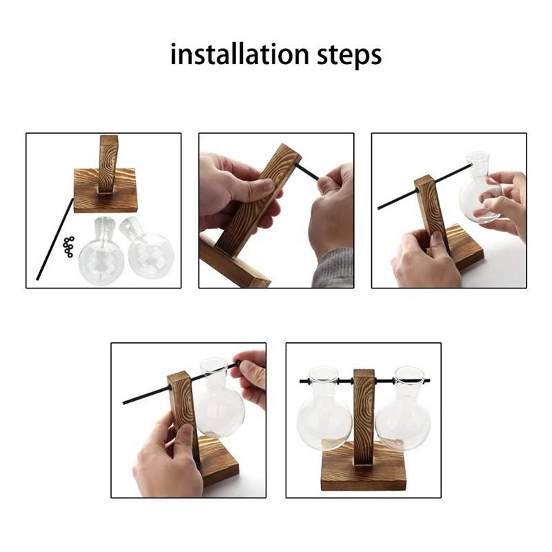 Hydroponic Plants Glass Vase Retro Pot Flower Arrangement Container Wood Frame Glass Desktop Bonsai Decoration Creative Log Style