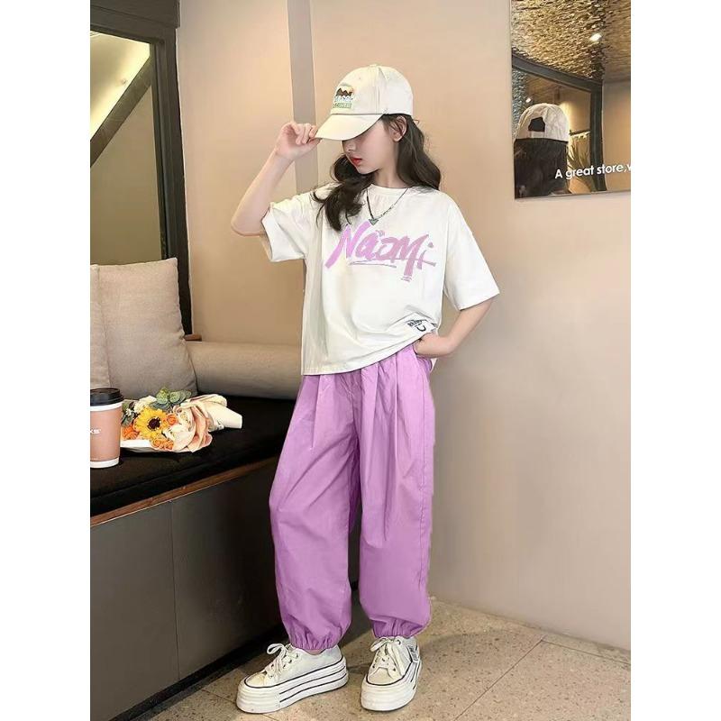 Летний костюм для девочек с тонкими брюками с девятью точками, блузка с буквами для больших девочек, костюм-двойка с шароварами