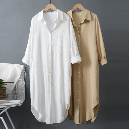 Women Shirt Lapel Long Sleeve Single Breasted Shirt Solid Color Loose Fit Mid-length Shirt Sunscreen Casual Shirt