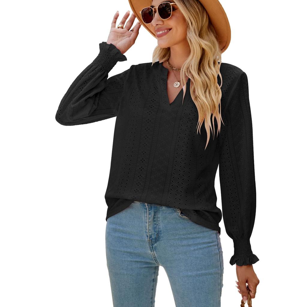 New Ladies Solid Color V-neck Casual Temperament Ladies Top Fashion Ladies Long Sleeves