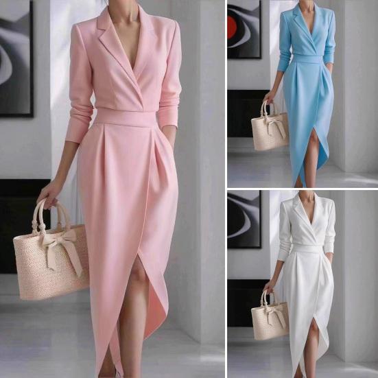 Women's 3/4 Sleeve V Neck Midi Sheath Bodycon Dress Formal Faux Wrap Cocktail Work Dress Office Business Outfit