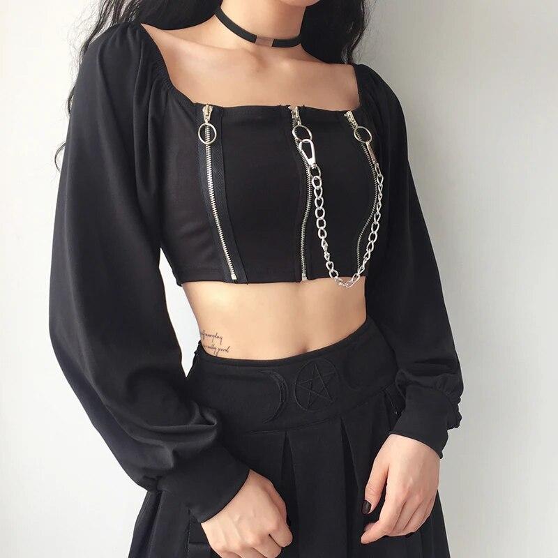Women Y2k Chains Dark Black Gothic Zipped Tops Women Sexy Off Shoulder T-shirts Clubwear Long Sleeve Crop Tops Knit