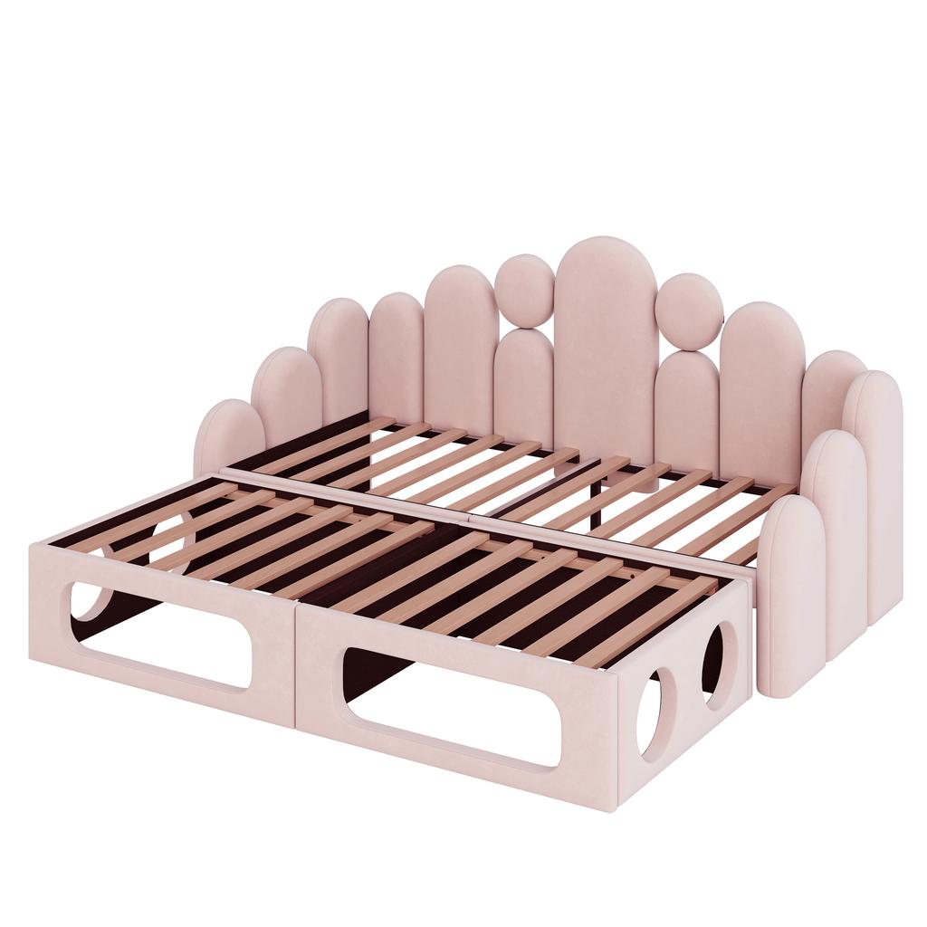 Upholstered Sofa Bed with Pet Bed, 2-in-1 Multifunctional Upholstered Bed 180*200cm, with Soft Velvet Fabric, Slatted Frame and Backrest, Pink.