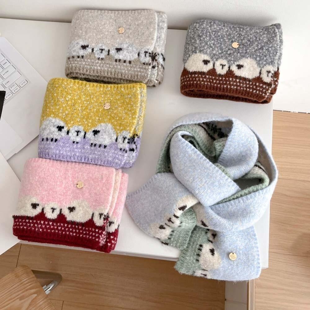 Color Contrast Winter Knitted Scarf Thick Plush Wool Blend Neckerchief Christmas Gift