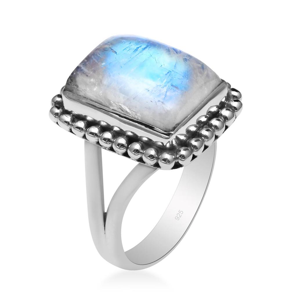 Кольцо из натурального радужного лунного камня из стерлингового серебра 925 пробы с разделенным хвостовиком и бисером для женщин и девочек