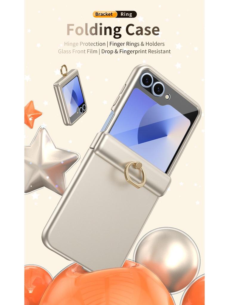 Противоударный чехол для телефона Samsung Z Flip7/6/5 с кольцом-подставкой на 4/3 пальца и пленкой с полным покрытием
