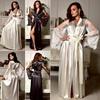 Womens Sexy Long Lace Lingerie Nightwear Bath Robe Gown Ice Silk Nightdress