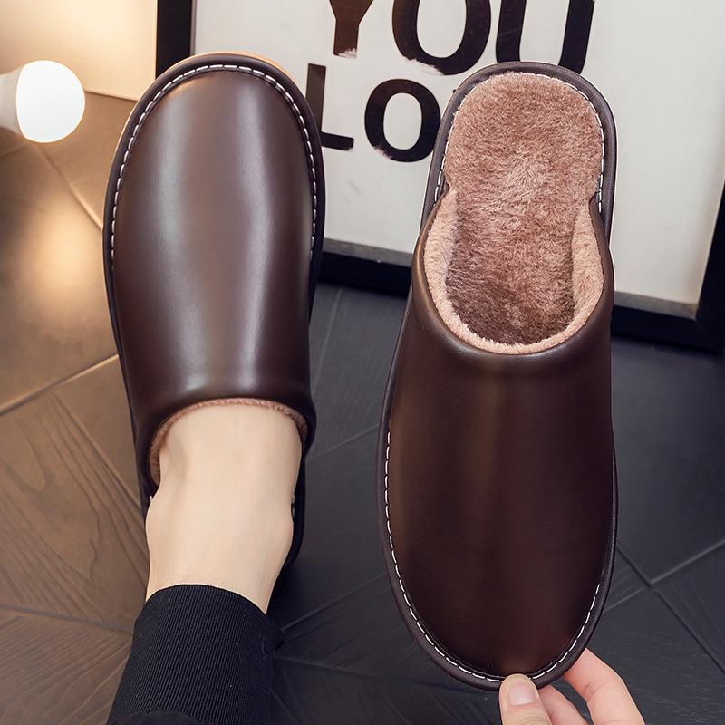Водонепроницаемые кожаные шлепанцы слипоны с теплой плюшевой подкладкой для пар