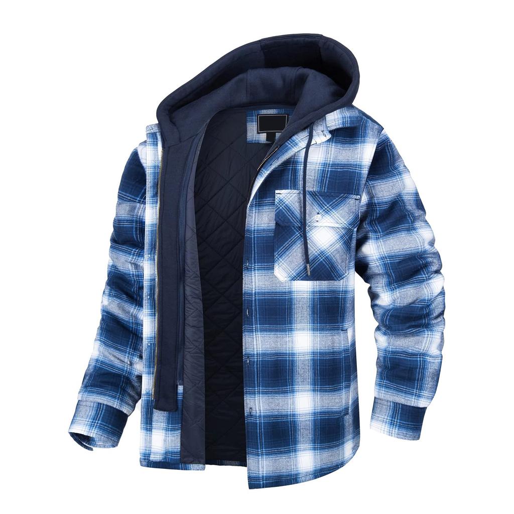 Мужская осенне-зимняя утолщенная куртка-рубашка в клетку с длинными рукавами и лацканами с капюшоном