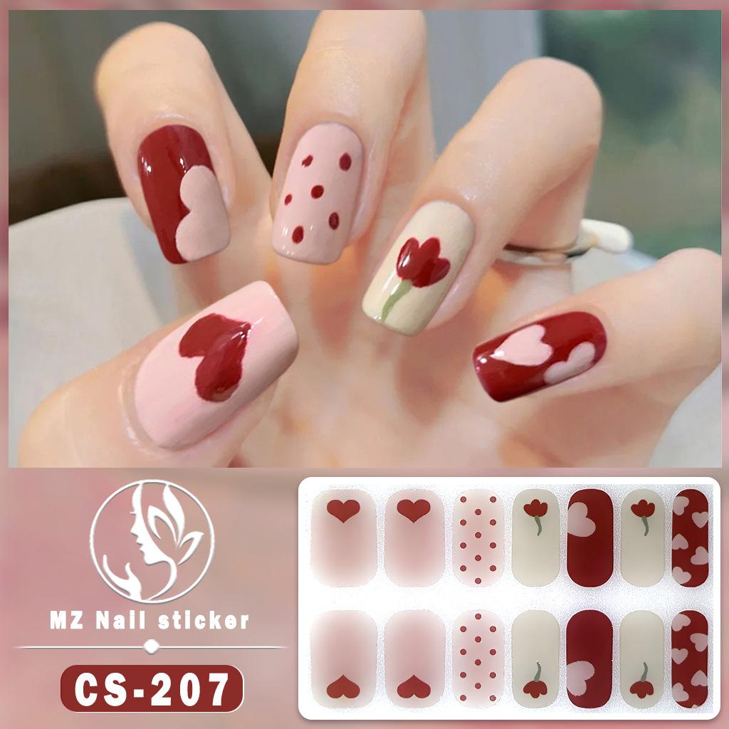 CS Waterproof No-Cure Gel Nail Wraps, Full Cover Japanese & Korean Style Heart Pattern Nail Stickers, Nail Patch Films