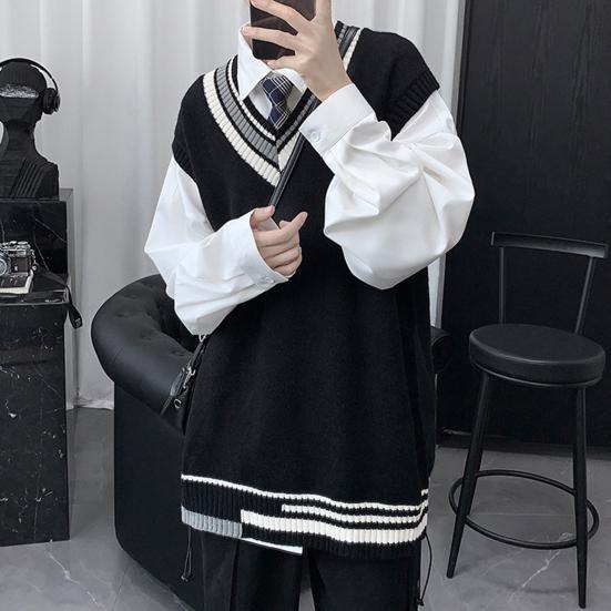 Мужской жилет свитер с V-образным вырезом без рукавов свободный цветной вязаный пуловер средней длины утолщенный преппи и