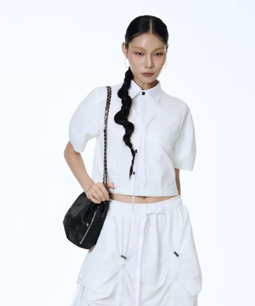 71TO96 Hanbok Fabric Collar Crop Shirt (White)