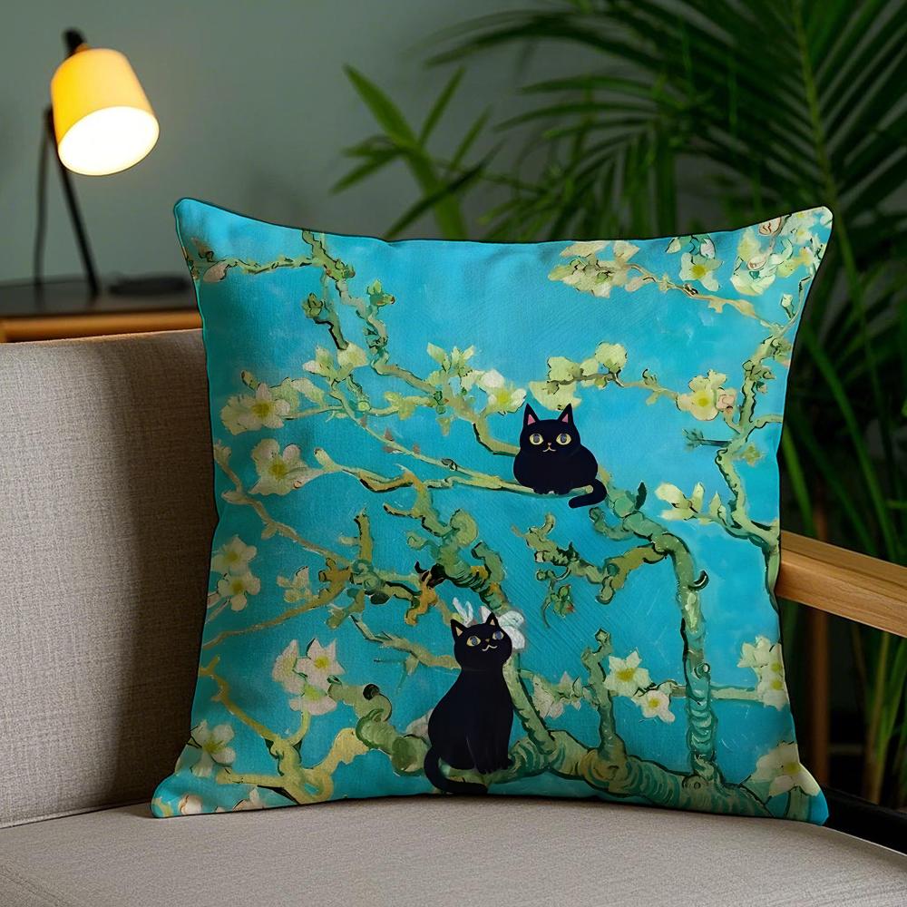 Cute Black Cat Oil Painting Cushion Cover Plush Fabric DoubleSided Printed Invisible Zipper Sofa Pillow Case Home Bedroom Decor