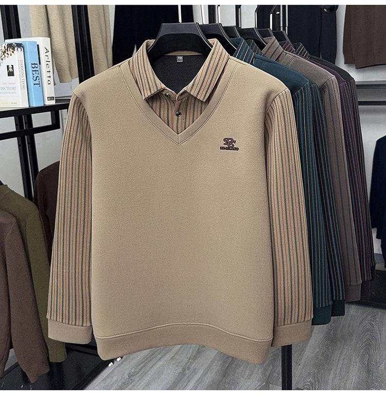 Men's Winter Wool Silk Lapel Two-in-One Sweater with Fleece Lining