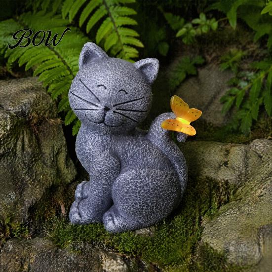 Healing Cat Statue with LED Solar Garden Statue, Cute Sculpture Butterfly Light, Waterproof Resin Animal Figurine for Lawn Patio Yard Pathway
