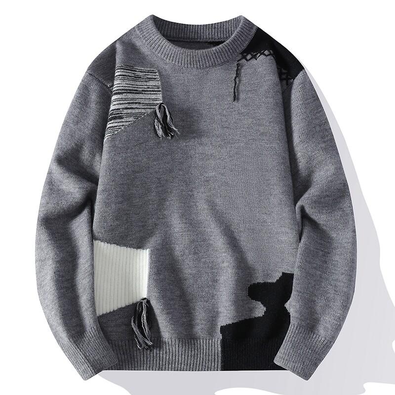 Autumn Winter Patchwork Knitted Sweater Men Round Neck Loose Casual Pullovers Male Fashion Knit Sweaters Pullover Knitwear Man
