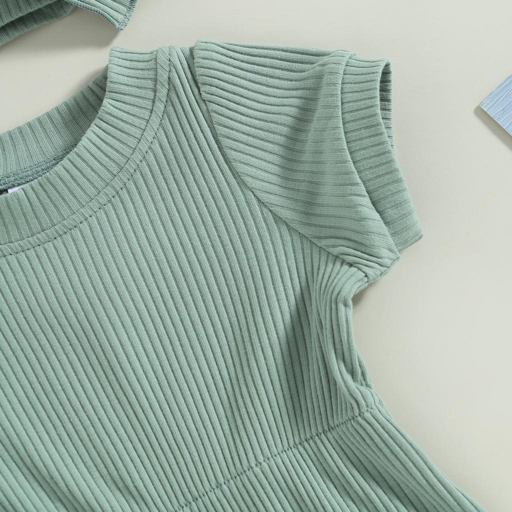 Детский комбинезон для девочек, однотонный ребристый комбинезон с короткими рукавами и бантом на голове, летние наряды