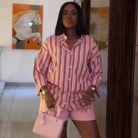 European and American 1116 New Loose Elegant Cardigan Pink Stripe Shirt Women's African New Women's Shorts Set