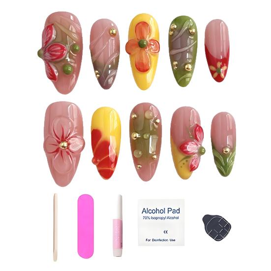 10Pcs 3D Floral Press-on Nails Thick Gel Design Summer French Fake Nails with Tip Artificial