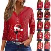 Женская футболка с рождественским принтом, на пуговицах, рукав 3/4, повседневная мода на выходные, базовый топ с V-образным вырезом