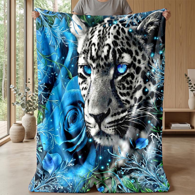 Blue Leopard and Roses blanket Personalized Name Flannel Blanket Soft Cozy Plush Throw for Sofa Bed Lightweight Home Decor