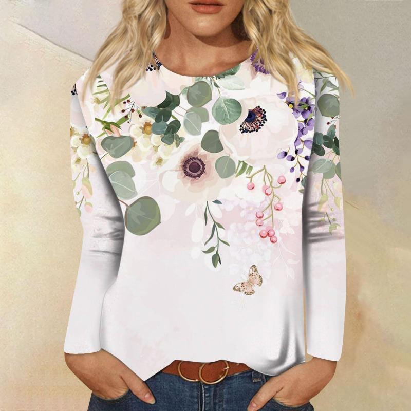 Женская мода повседневная с длинным рукавом цветочный принт круглый вырез пуловер топ блузка футболки женские
