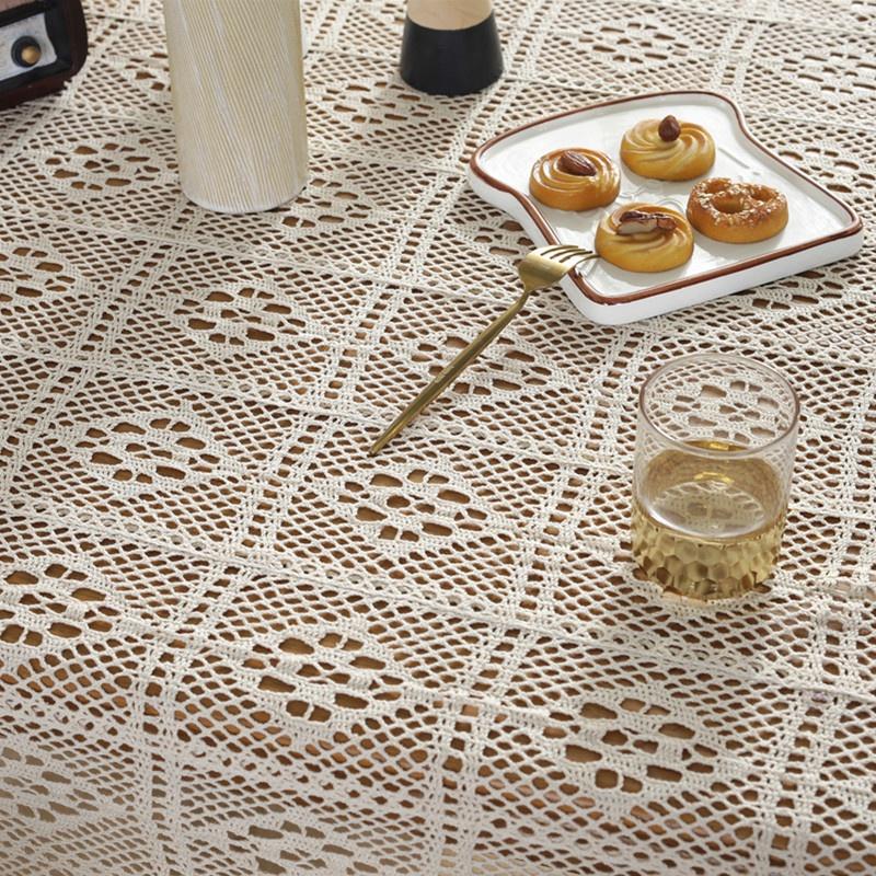 Round Hollow Tassel Knitting Tablecloth Decorative Crochet Tablecloth Outdoor Picnic Dining Table Cover Home Decor Beige