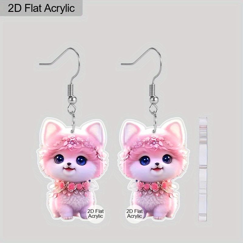 2D Flat Pink Cat Earrings Cute Cat Pattern Acrylic Dangling Earrings Pet Lover Accessories Gift