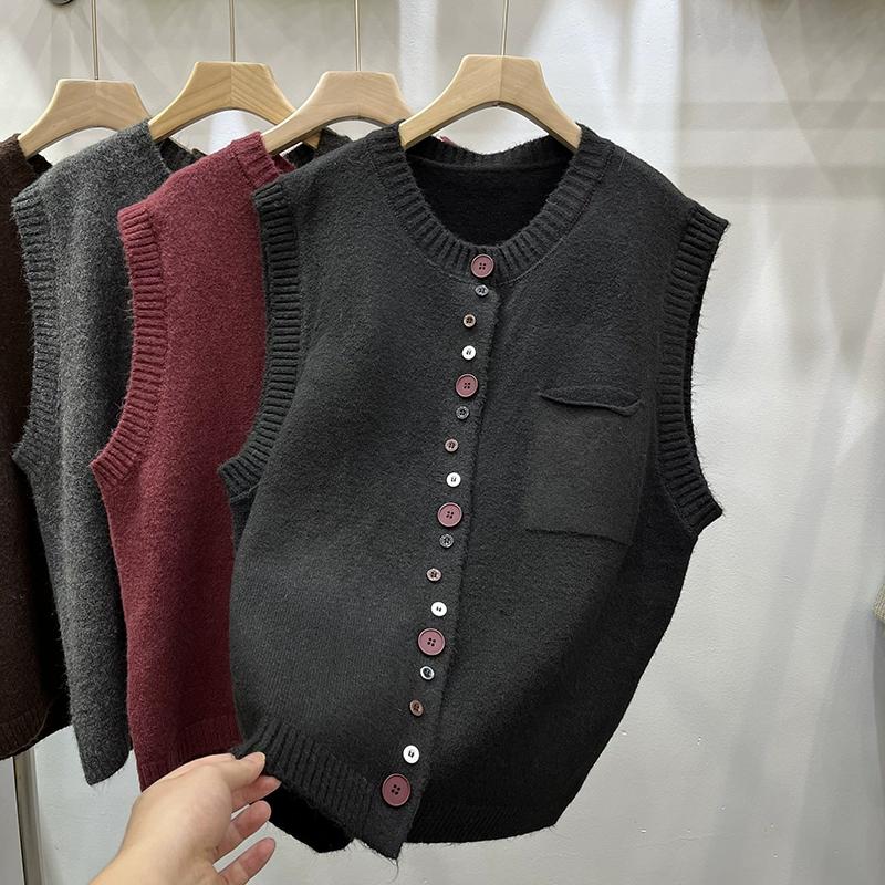 Dimanaf Осень 2025 Женский жилет без рукавов Вязаные свитера Пуговицы Красный Повседневный стиль Свободный свитер