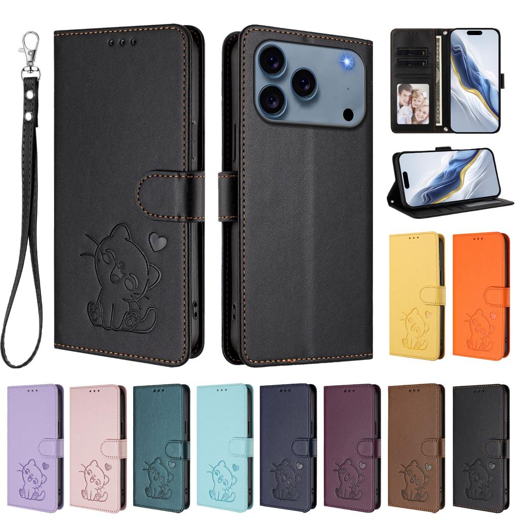 Чехол-кошелек для iPhone 17 Pro Max с ремешком на запястье, тиснение с узором «Любовь к кошкам», кожаный чехол для телефона