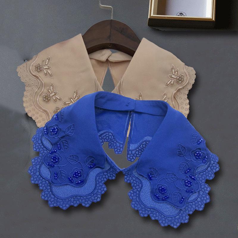 Embrodiery Neckline Collar Cover Lace Flower Bead Peter Pan Fake Collar Women Detachable Collars Removable Lapel False Faux Col