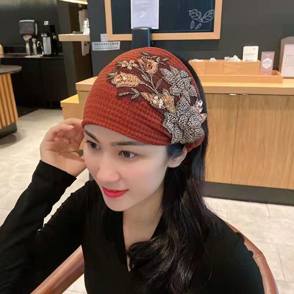 Girls Knitted Wide Side Bead Hair Accessories Flower Hair Hoop Women Hairband Korean Style Headband