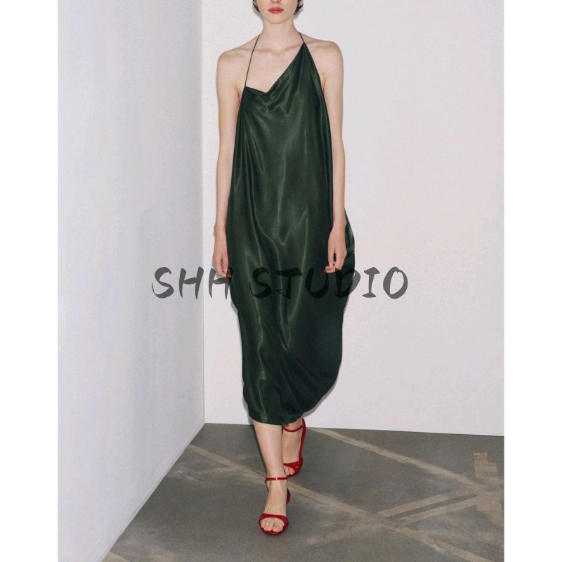 Summer New Product Women's Clothes Sexy Open Back Halter Spaghetti Straps Asymmetric Silk Satin Texture Dress 8073126