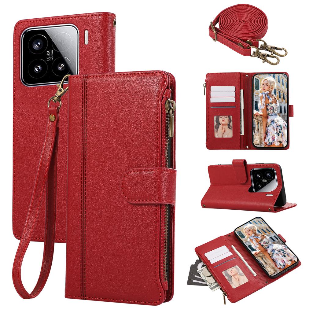 For Xiaomi 15 Case Multi Card Slots Zipper Leather Phone Cover with Shoulder Strap/Wrist Strap