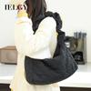 Japanese Casual Drawstring Canvas Underarm Bag, Fashionable Embroidered Thread Shoulder Pleated Padded Cotton Messenger Bag