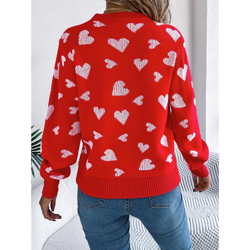 GMXIA Autumn and Winter Casual Color-blocking Heart-shaped Lantern Sleeve Pullover Sweater for Valentine's Day Women's Wear
