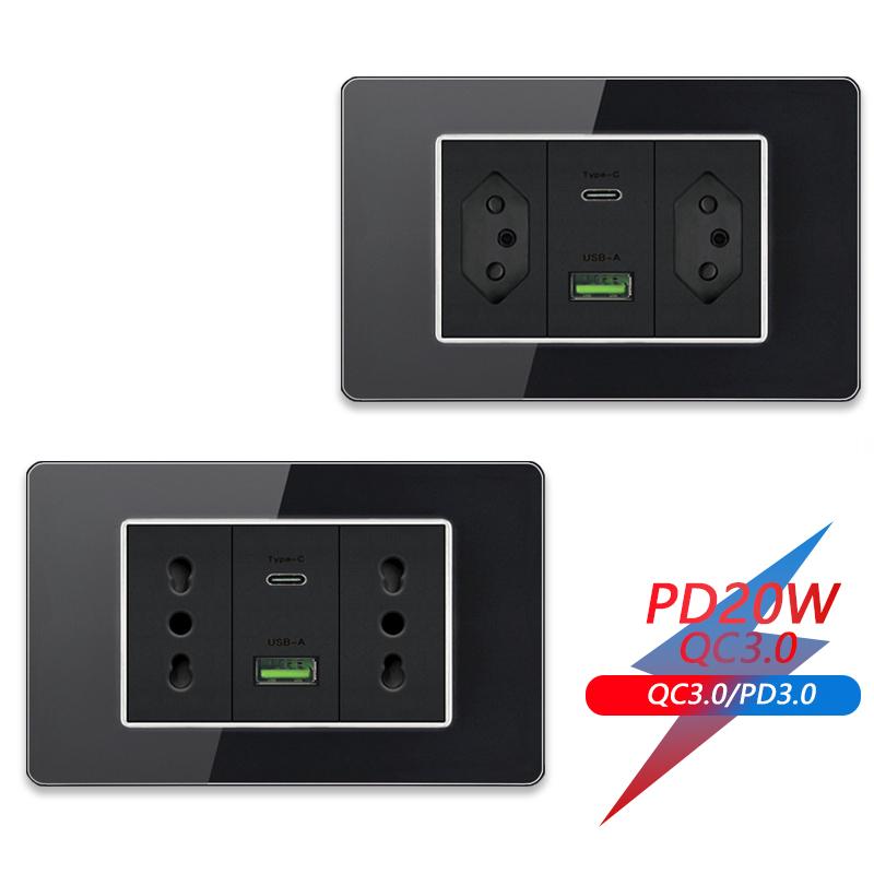 Brazil US Wall Light Switch Power Socket with USB Type-c 20W,Italy Chilean Fast Charging Tempered Glass Panel Universal Outlet