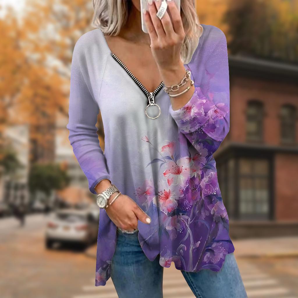 Женские футболки с длинным рукавом и принтом зеленых цветов, свободные футболки с V-образным вырезом больших размеров, удобные блузки