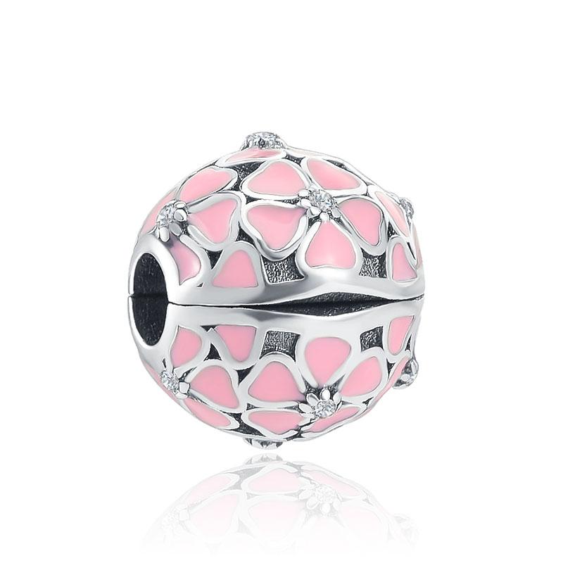New 925 Sterling Silver Rose Girl Boy Pink Sparkle Spacer Clip Charm Bead Fit Original Fashion Bracelet DIY Jewelry for Women
