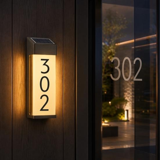 Xiaobudian Солнечный светодиодный номер дома, Питание от высокоэффективных панелей, Матовое стекло, Светодиодный адресный знак, Водонепроницаемый, Для улицы