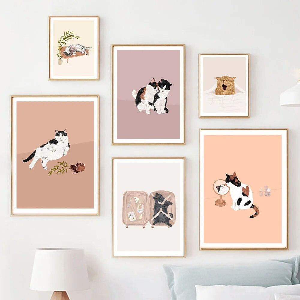 Современный кот пить вино пицца плакат настенная живопись забавные животные холст печать плакат скандинавские настенные художественные фотографии для декора гостиной без рамки