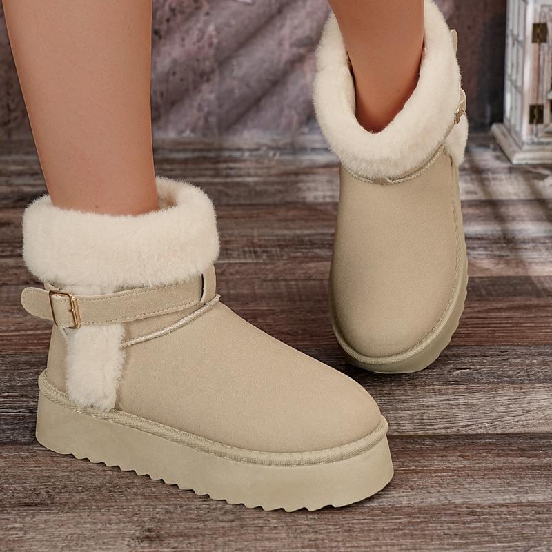 Soft Non Slip Thick Bottom Furry Snow Boots Women 2025 Winter Warm Fluffy Fur Ankle Boots with Platform Metal Buckle Plush Shoes