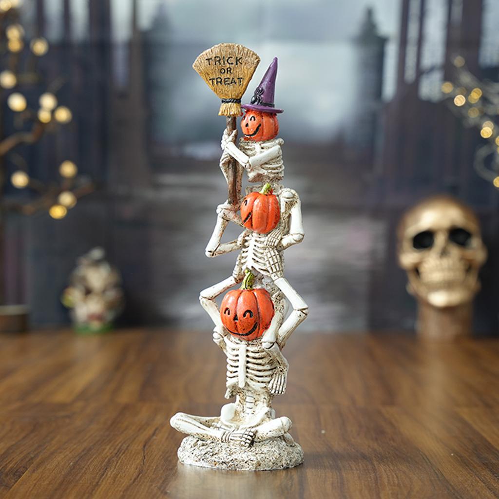 Halloween Trick or Treat Figurine Resin Skeleton Witch Smiley Pumpkin Statue Outdoor Halloween Decoration Home Desktop Ornaments